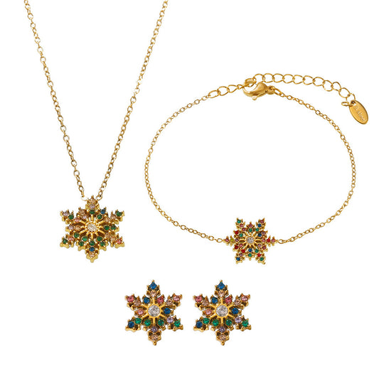 316L Stainless Steel 18K Gold PVD CNC Snowflake Zircon PendantJewelry Set