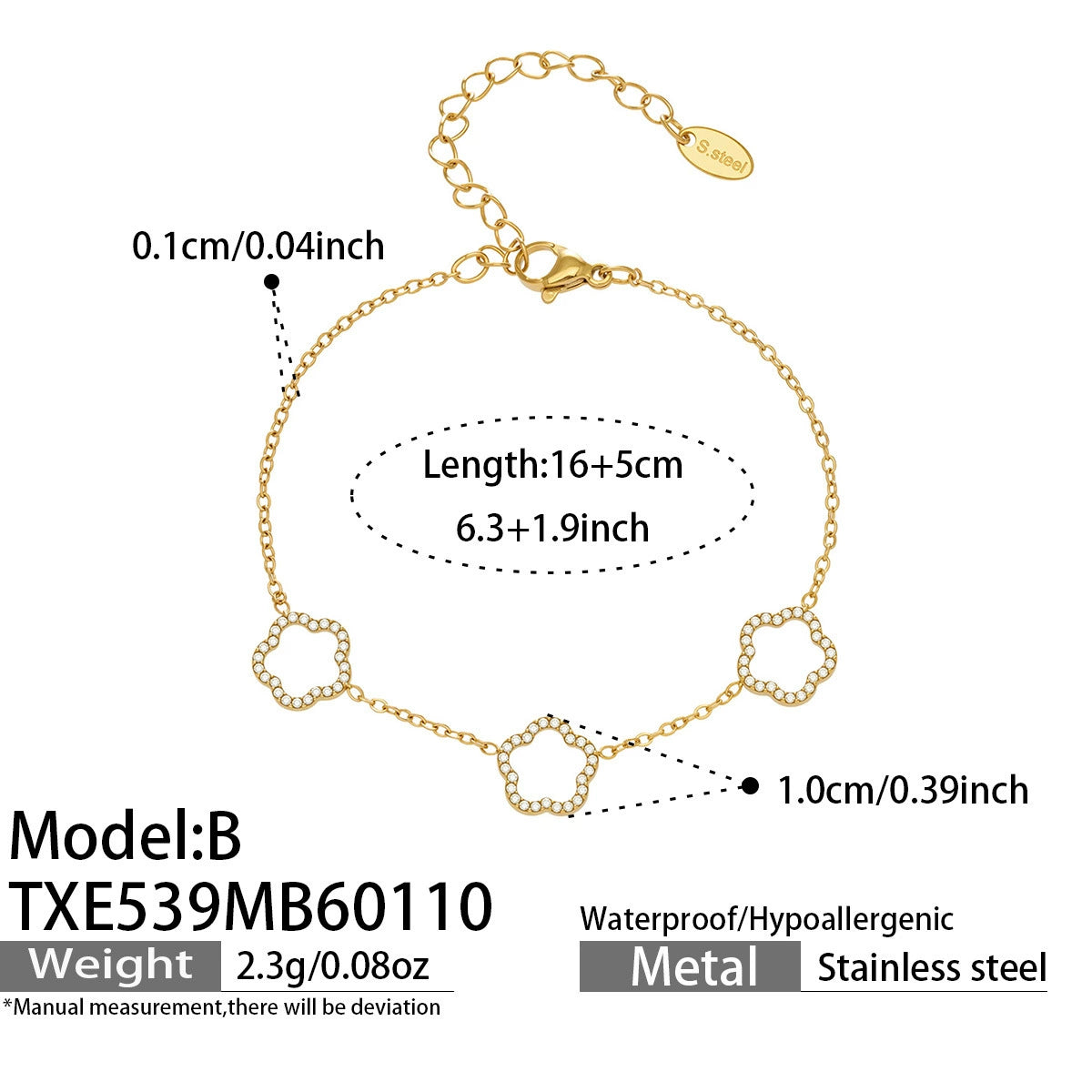 Technical specs for the geometric gold bracelet, ideal for wholesale stainless steel jewelry buyers.