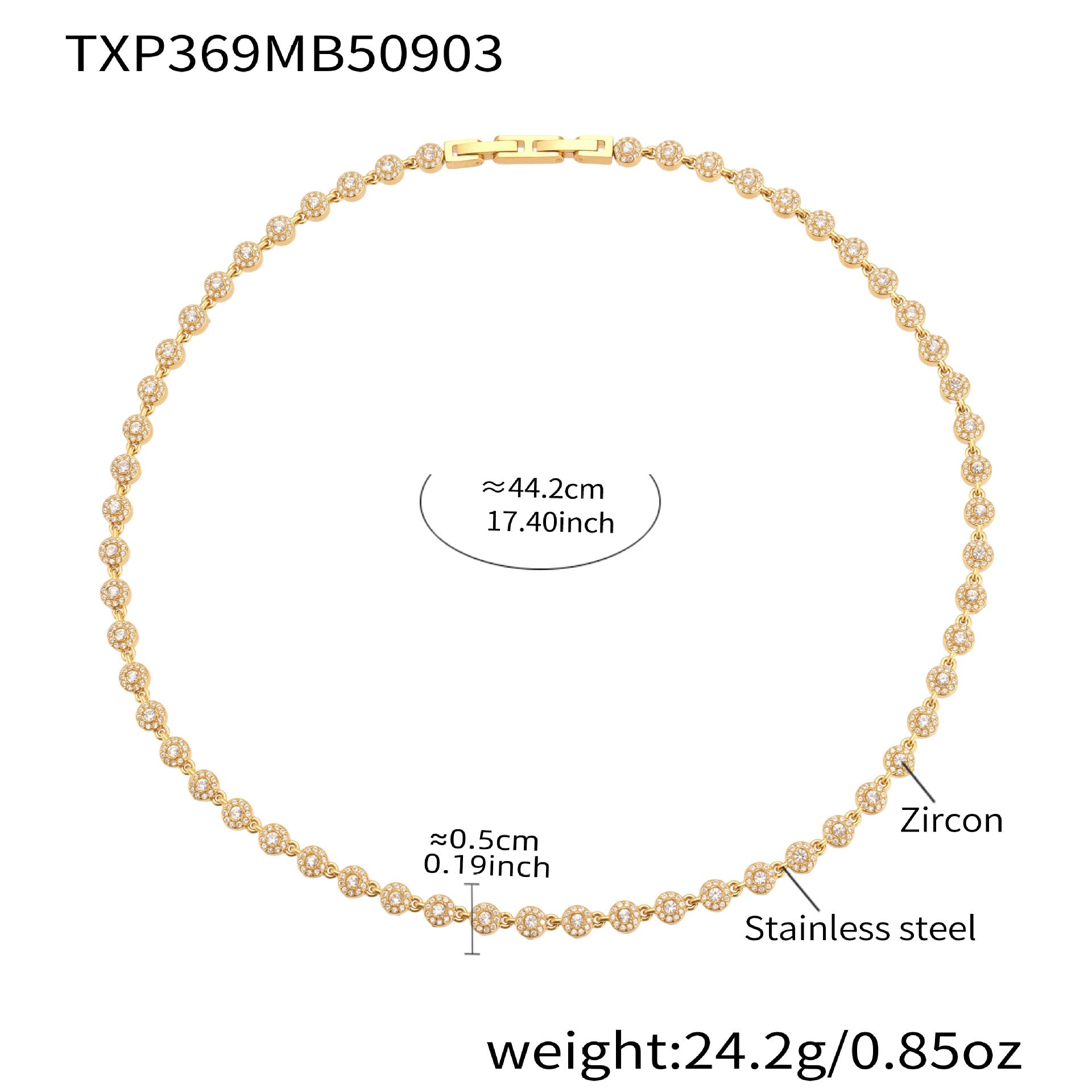 Gold 316L stainless steel tennis necklace with hand-set 5A cubic zirconia stones, interlocking clasp, waterproof hypoallergenic jewelry for women
