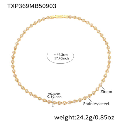 Gold 316L stainless steel tennis necklace with hand-set 5A cubic zirconia stones, interlocking clasp, waterproof hypoallergenic jewelry for women