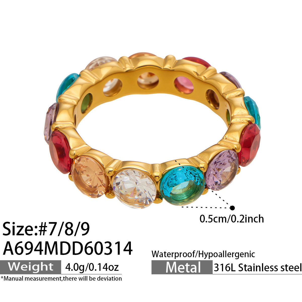 316L stainless steel zircon ring size and product specification image