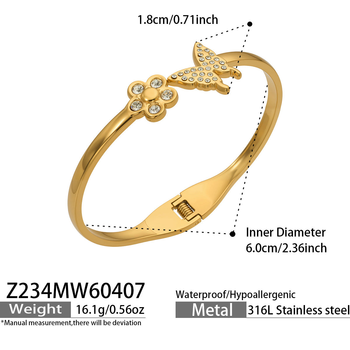 316L Stainless Steel 18K Gold PVD Zircon Flower Butterfly Pave Bangle