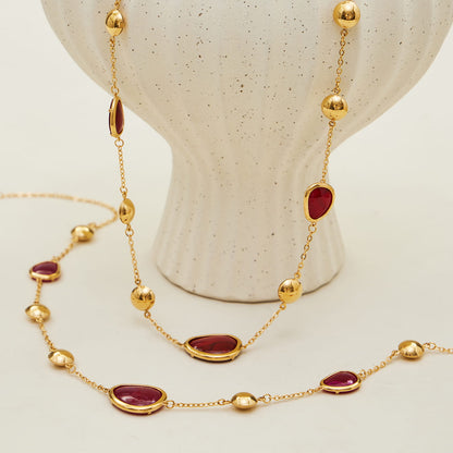 Red glass stone necklace crafted from 316L stainless steel with 18K PVD gold plating