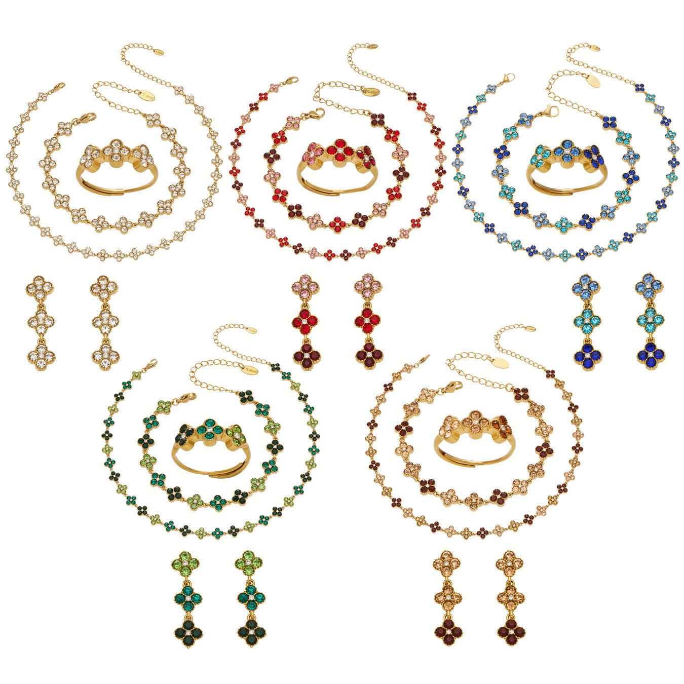 316L Stainless Steel Dopamine Four-Leaf Zircon Jewelry Set – Ring Necklace Bracelet Earrings