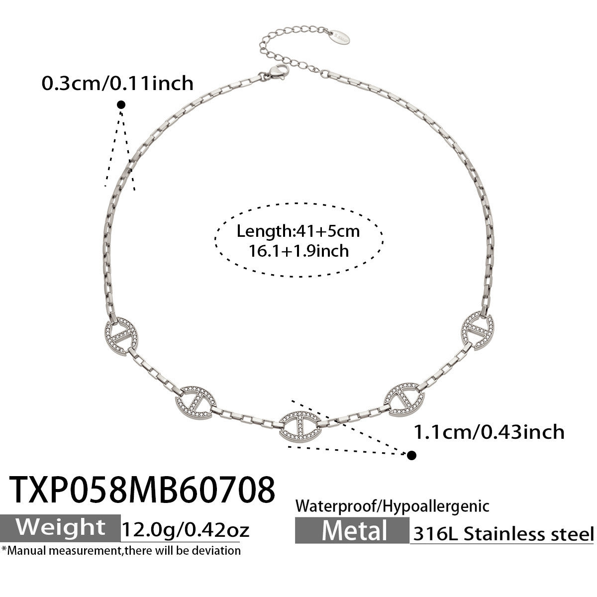 Steel D-shaped zircon necklace made from 316L stainless steel with 41+5cm adjustable length, D-shaped charm details and 12.0g weight