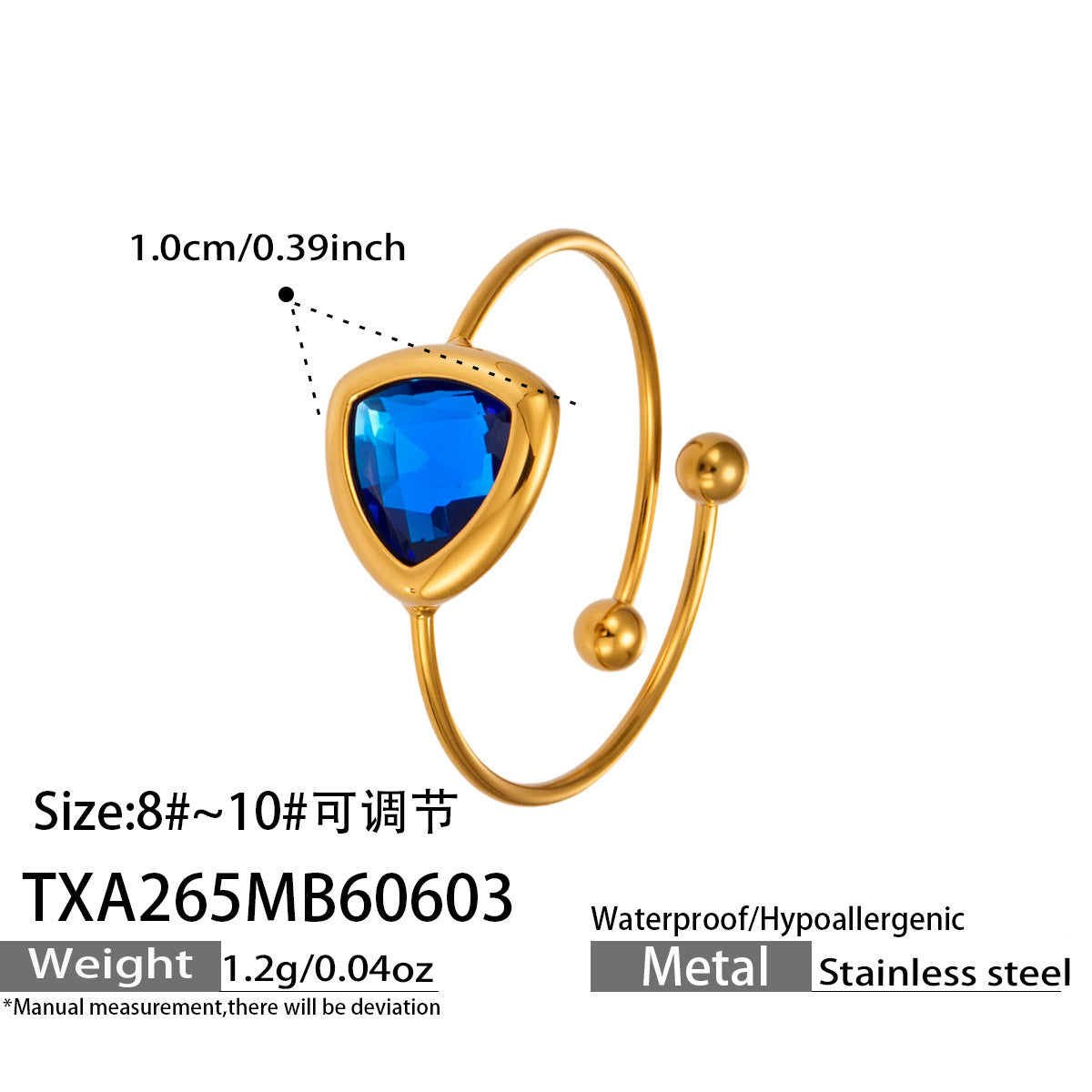 Blue Triangle Glass Ring in 316L Stainless Steel with 18K PVD Gold, waterproof and hypoallergenic