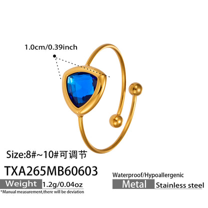 Blue Triangle Glass Ring in 316L Stainless Steel with 18K PVD Gold, waterproof and hypoallergenic