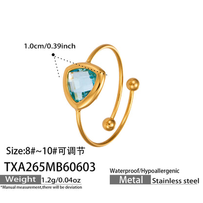 light blue Triangle Glass Ring in 316L Stainless Steel with 18K PVD Gold, waterproof and hypoallergenic