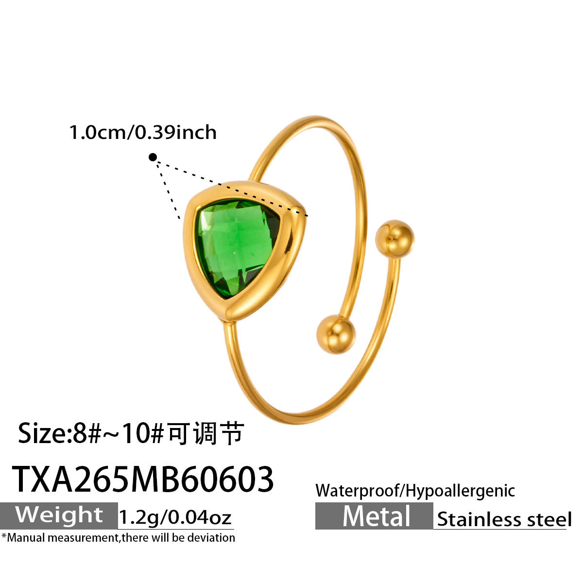 Green Triangle Glass Ring in 316L Stainless Steel with 18K PVD Gold, waterproof and hypoallergenic