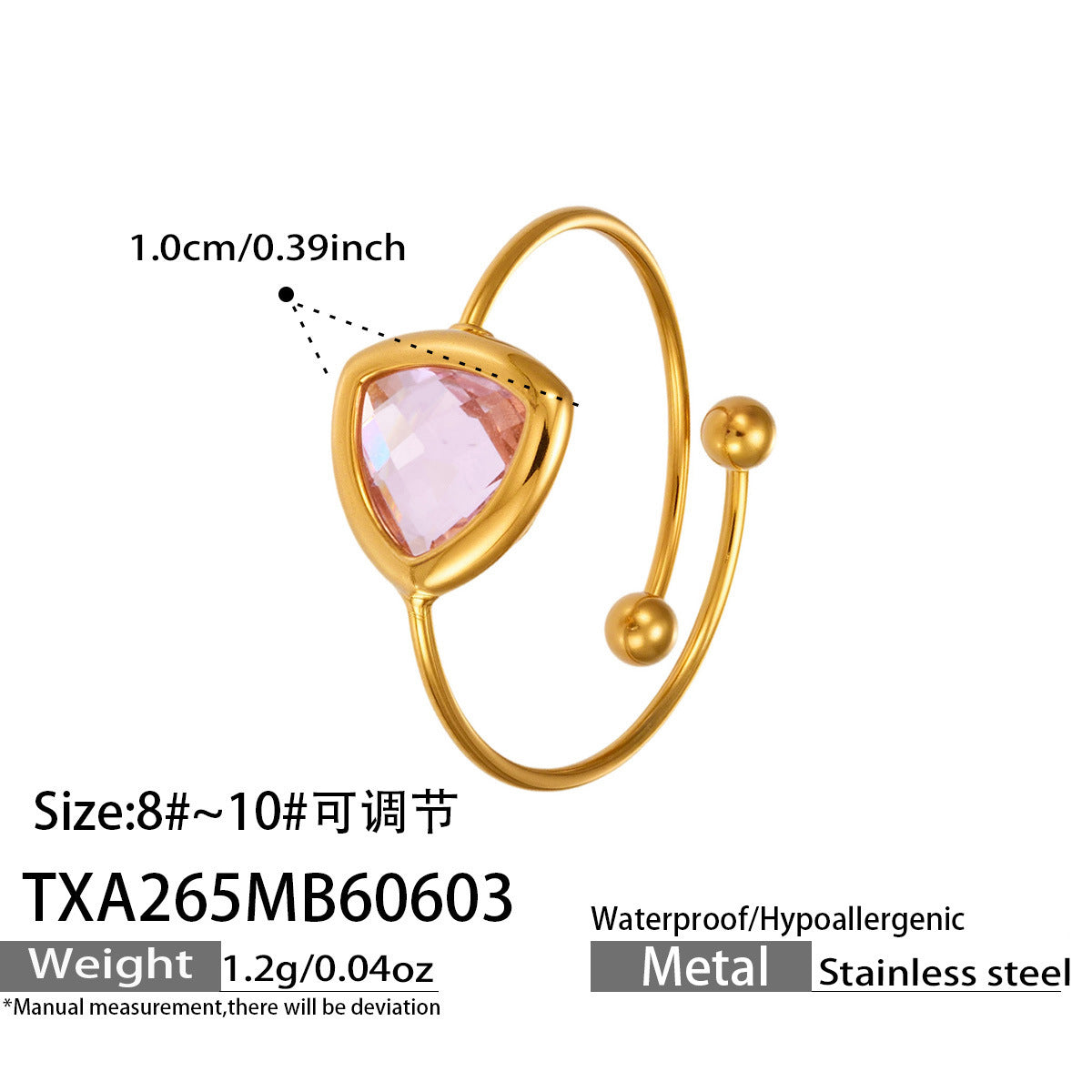 Pink Triangle Glass Ring in 316L Stainless Steel with 18K PVD Gold, waterproof and hypoallergenic