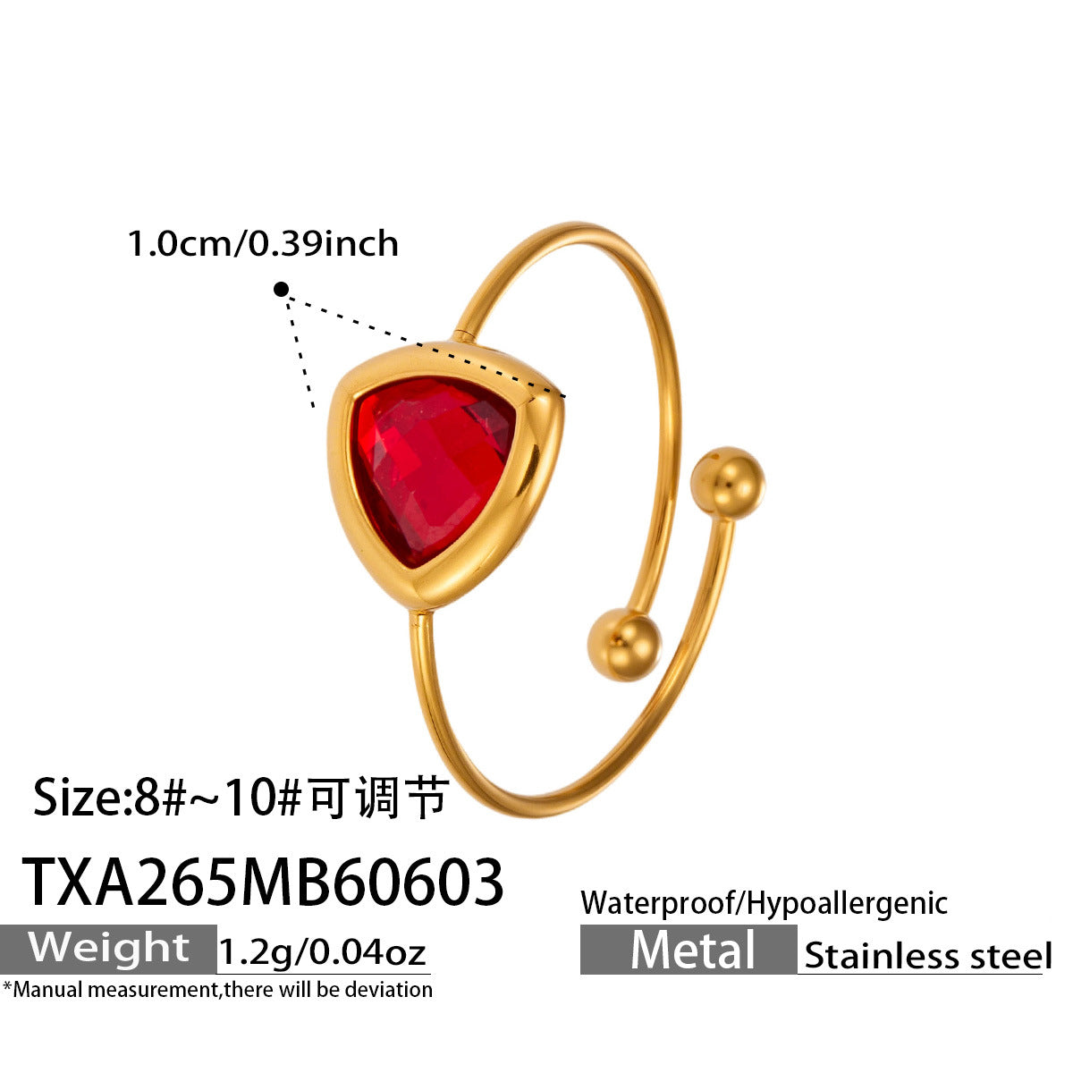 Red Triangle Glass Ring in 316L Stainless Steel with 18K PVD Gold, waterproof and hypoallergenic
