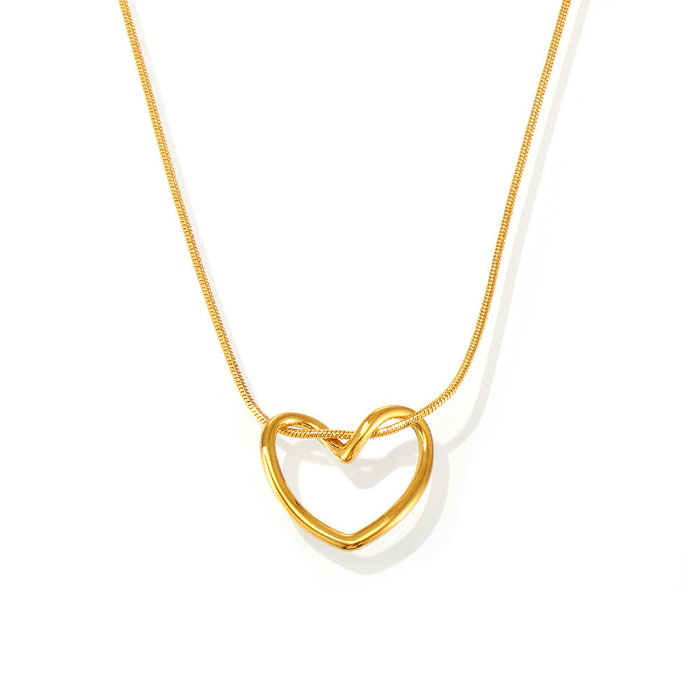 TXP220 18K PVD gold hollow open heart snake chain necklace, 316L stainless steel hypoallergenic women layering jewelry, white background product shot