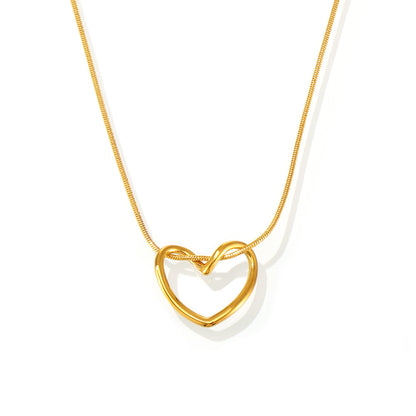 TXP220 18K PVD gold hollow open heart snake chain necklace, 316L stainless steel hypoallergenic women layering jewelry, white background product shot