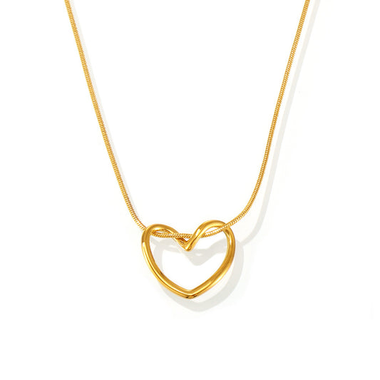 TXP220 18K PVD gold hollow open heart snake chain necklace, 316L stainless steel hypoallergenic women layering jewelry, white background product shot