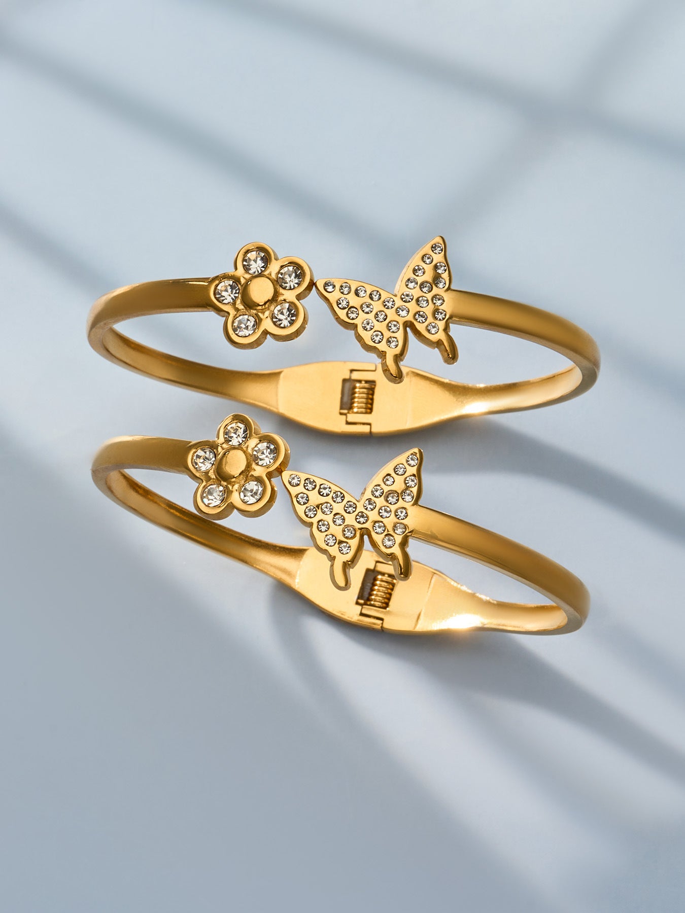 316L Stainless Steel 18K Gold PVD Zircon Flower Butterfly Pave Bangle
