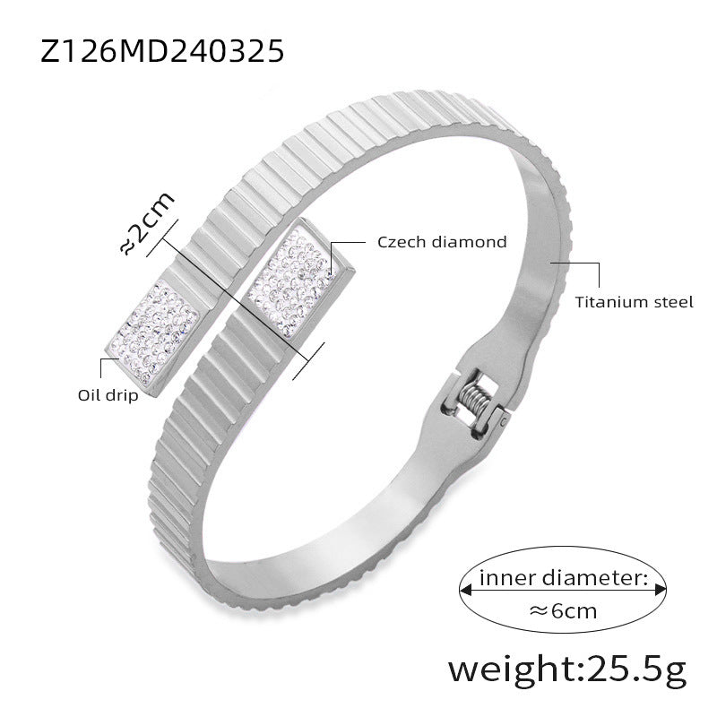 Titanium steel ribbed Czech diamond bangle (Z126MD240325), inner diameter 6cm, weight 25.5g