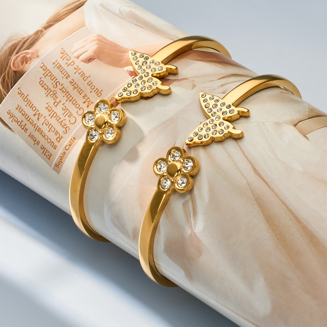 316L Stainless Steel 18K Gold PVD Zircon Flower Butterfly Pave Bangle