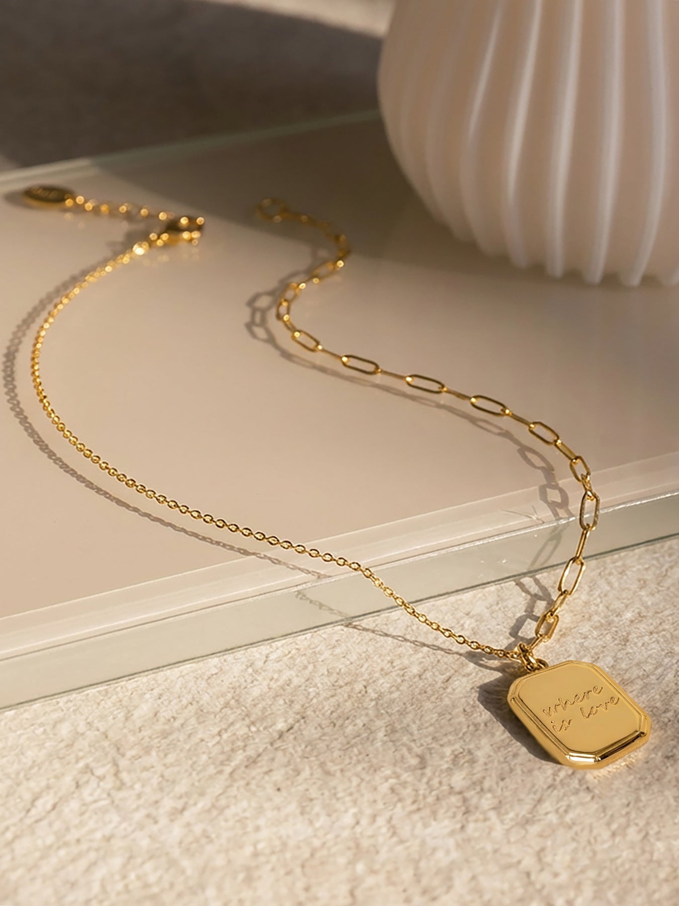 Engraved "where is love" on polished square tag pendant necklace, 18K gold plated 316L stainless steel, minimalist dainty jewelry
