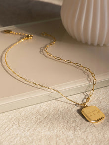 Engraved "where is love" on polished square tag pendant necklace, 18K gold plated 316L stainless steel, minimalist dainty jewelry

