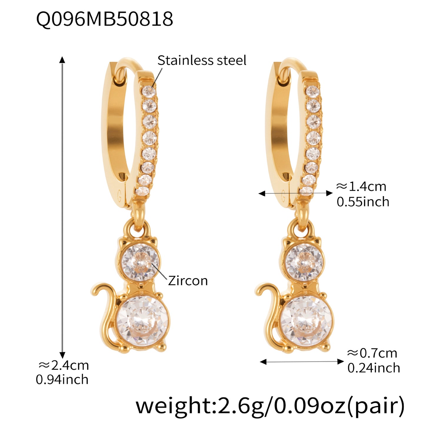 316L Stainless Steel 18K Gold PVD Cat Ear Zircon Earrings