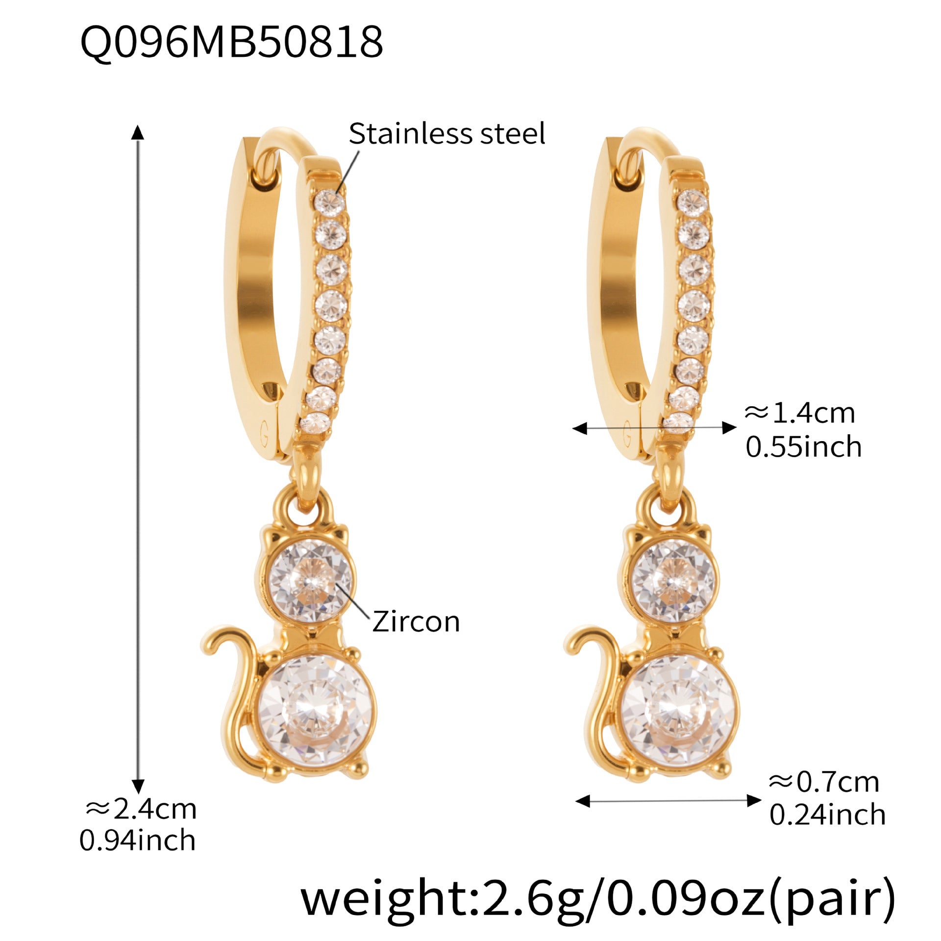 316L Stainless Steel 18K Gold PVD Cat Ear Zircon Earrings