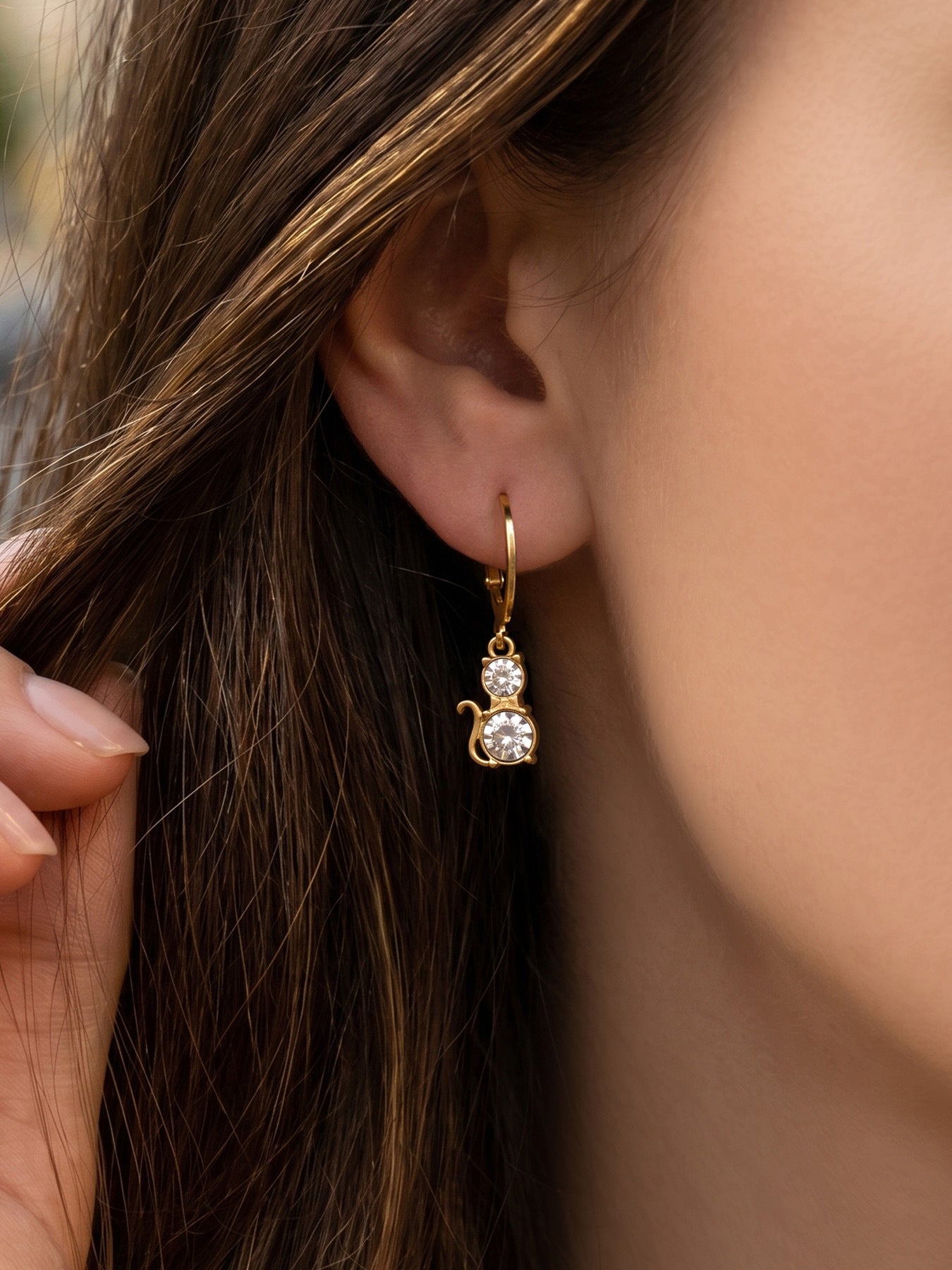 316L Stainless Steel 18K Gold PVD Cat Ear Zircon Earrings