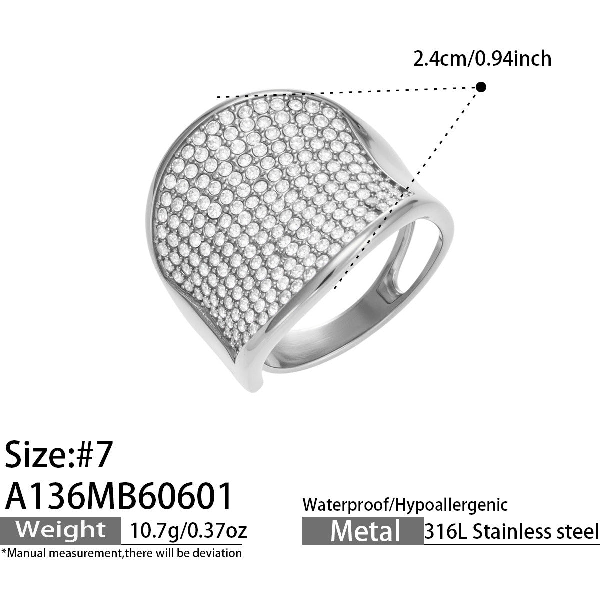 A136 silver CZ wide band ring size card showing stainless steel statement ring details