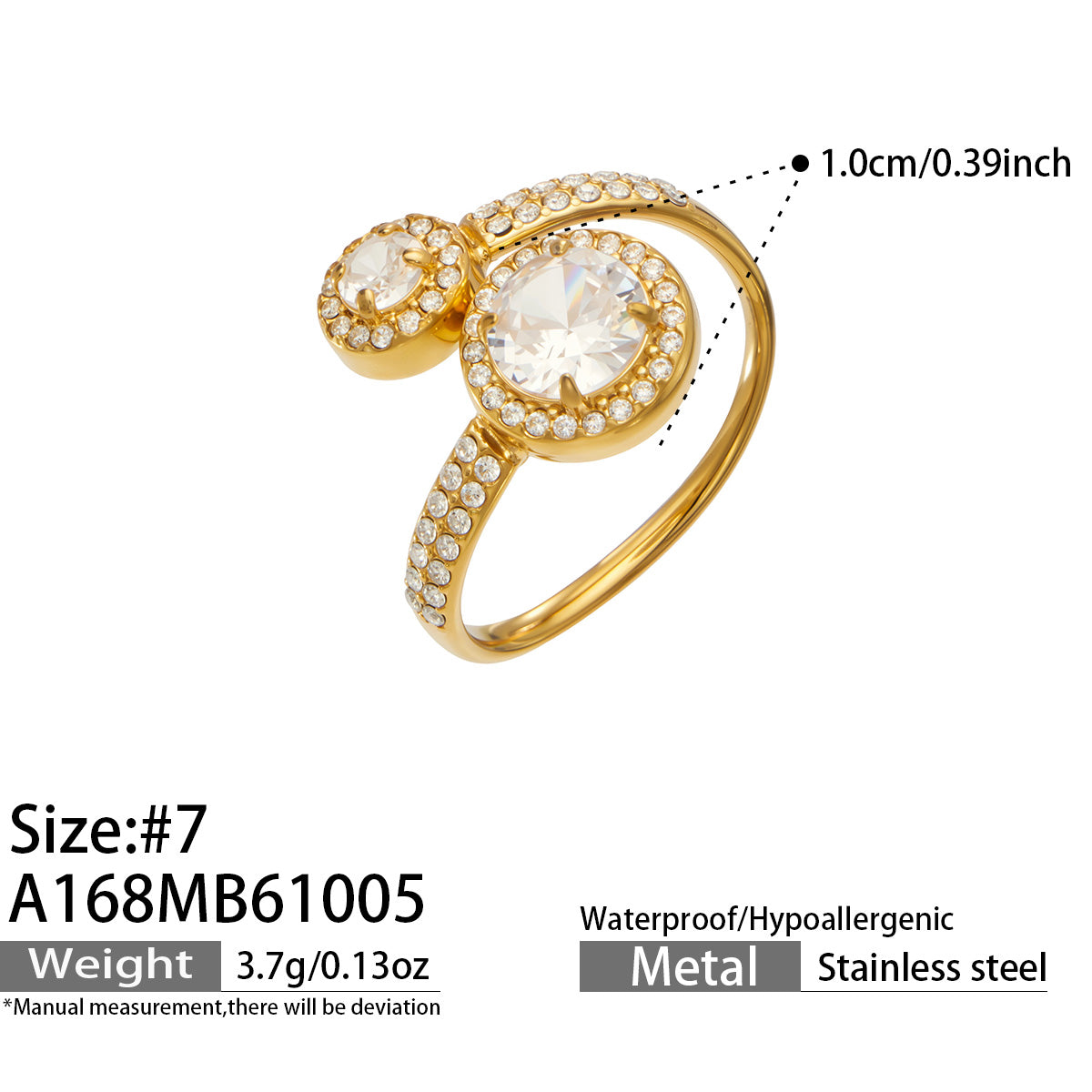 A168 gold-tone stainless steel double halo ring size guide showing size 7 and a 1 cm measurement across the larger halo
