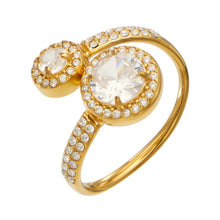 Gold-tone stainless steel open ring with two round cubic zirconia stones, surrounding halos and a stone-set band