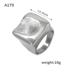A179 steel-tone fingerprint statement ring size and product detail guide