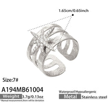 A194 silver-tone stainless steel starburst ring with a dimension diagram, size 7 and product specifications