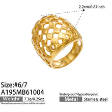 A195 gold-tone stainless steel lattice ring with a dimension diagram, ring sizes and product specifications