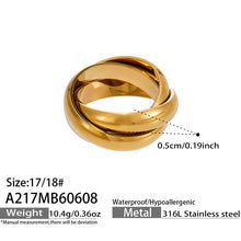 A217 gold triple interlocking ring size card showing 316L stainless steel material and size 8 option