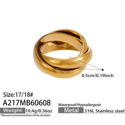 A217 gold triple interlocking ring size card showing 316L stainless steel material and size 8 option