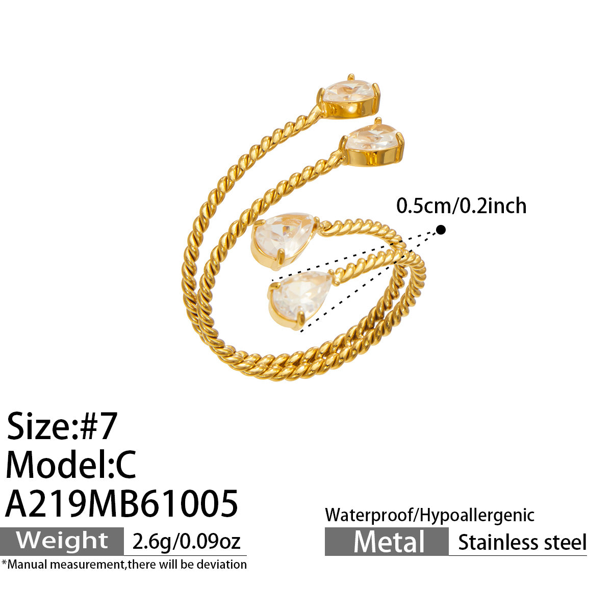 Size guide for the A219 gold-tone stainless steel twisted open ring with clear teardrop stones, showing size 7