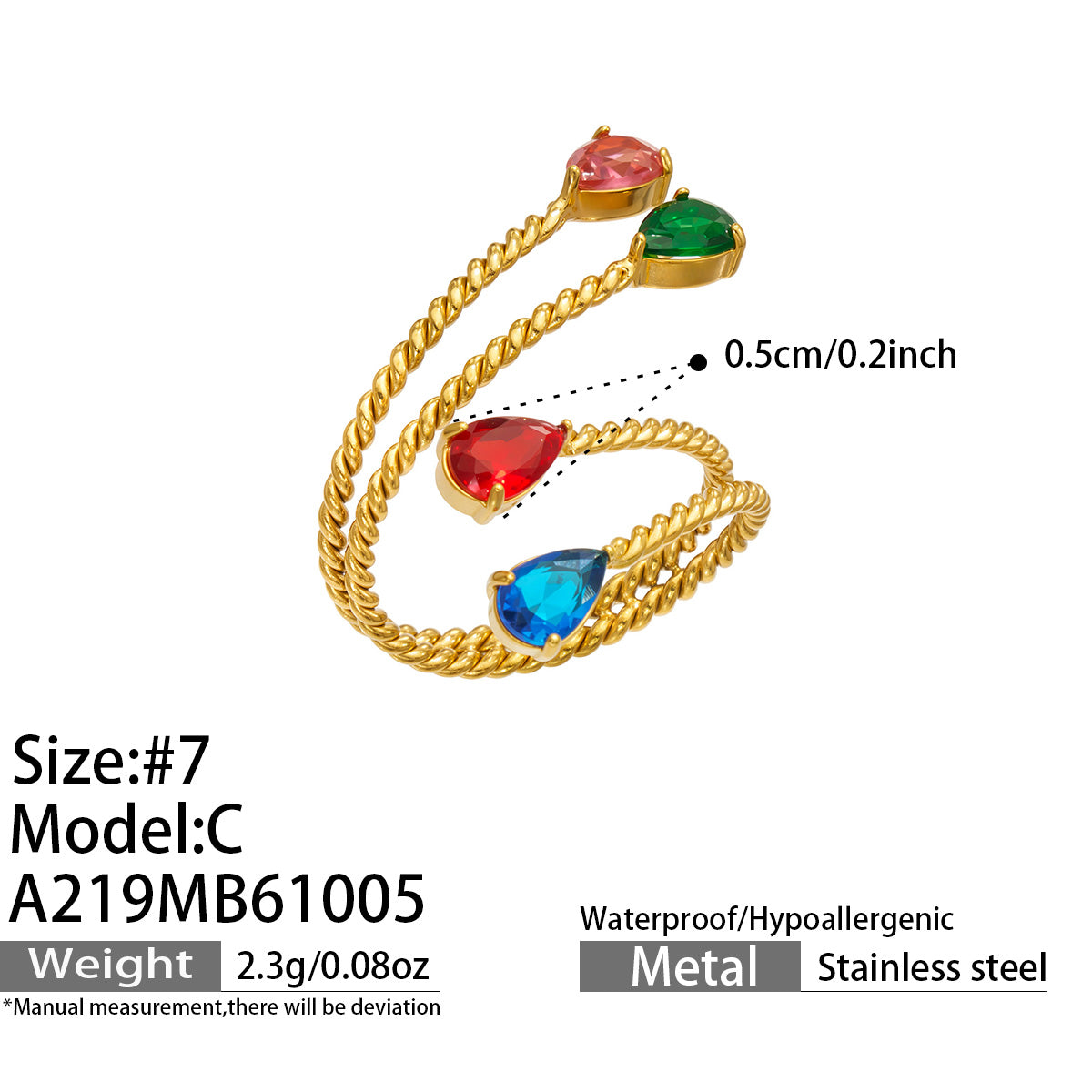 Size guide for the A219 gold-tone stainless steel twisted open ring with multicolor teardrop stones, showing size 7