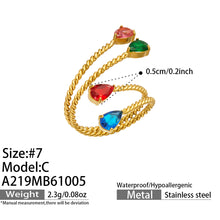 Size guide for the A219 gold-tone stainless steel twisted open ring with multicolor teardrop stones, showing size 7
