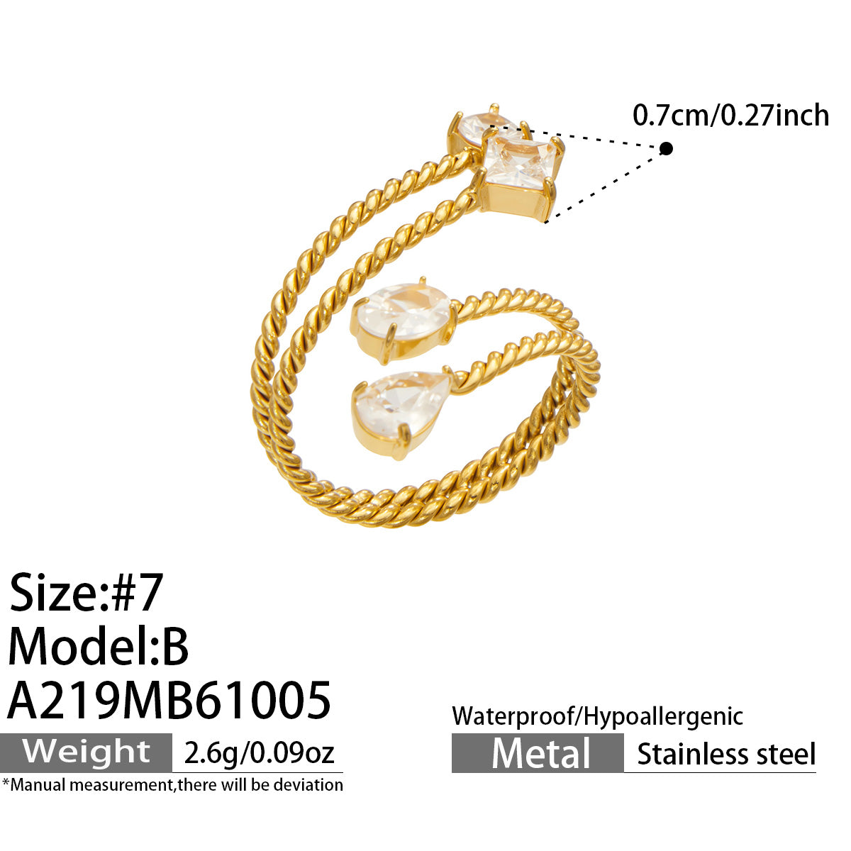 Size guide for the A219 gold-tone stainless steel square-stone twisted open ring, showing size 7 and accent measurements