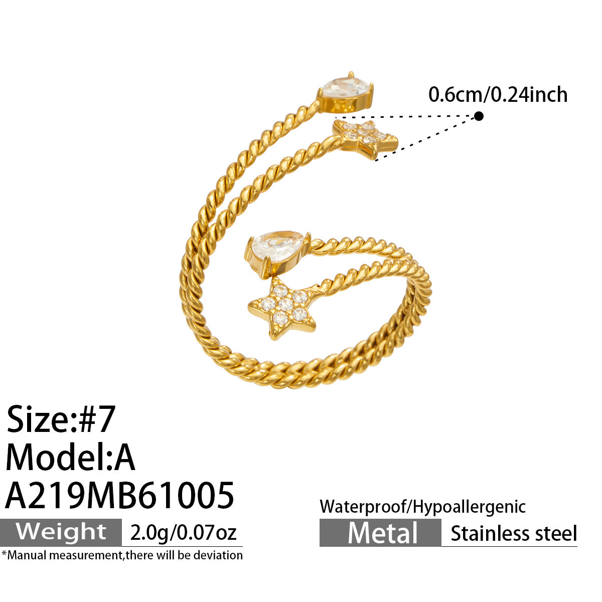 Size guide for the A219 gold-tone stainless steel star-accent twisted open ring, showing size 7 and accent measurements