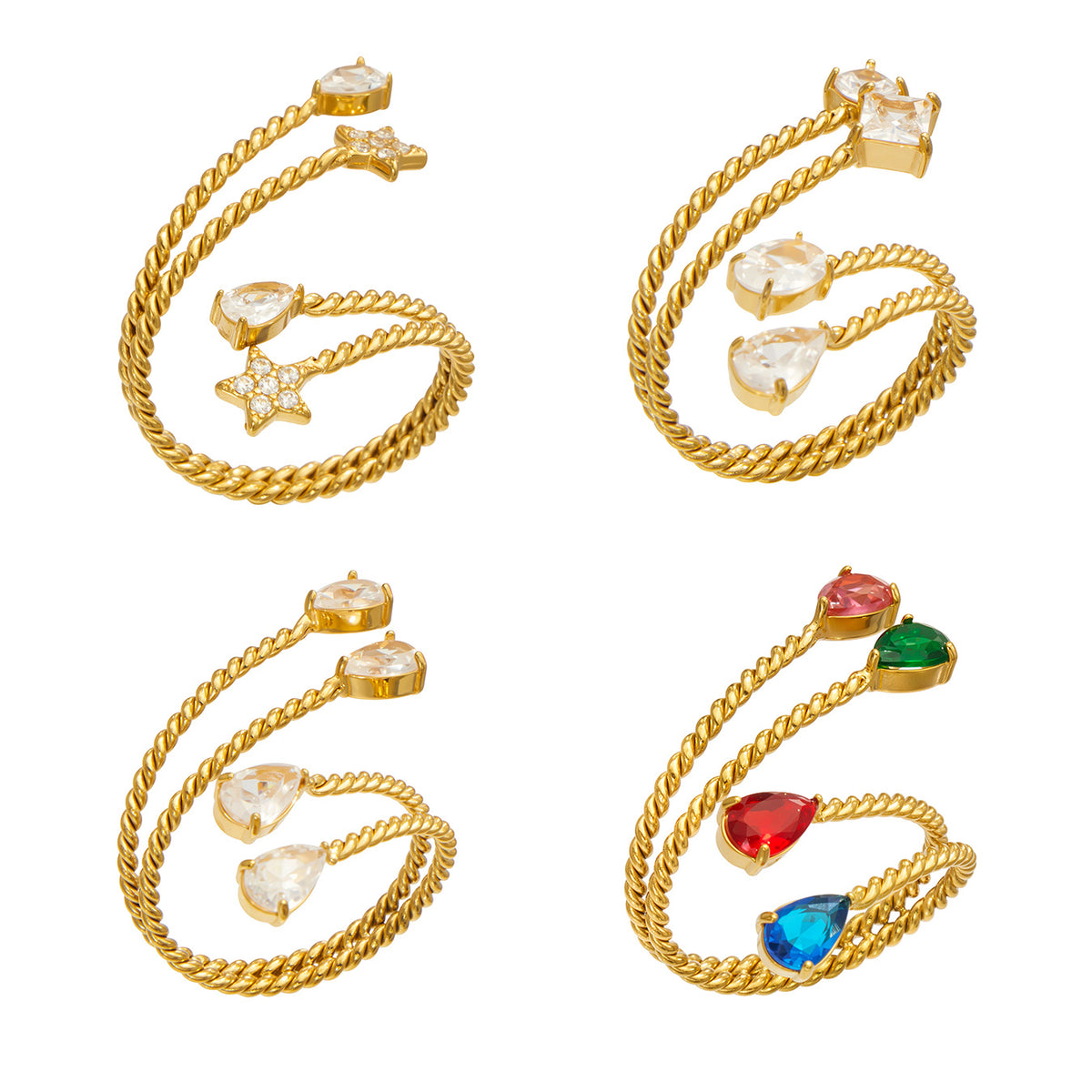 Gold-tone stainless steel twisted open rings in star, square and teardrop designs with clear and multicolor stone accents