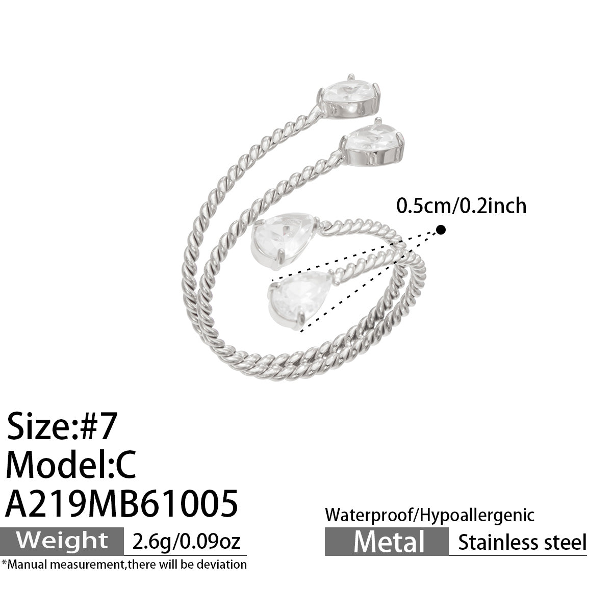 Size guide for the A219 steel-tone stainless steel twisted open ring with clear teardrop stones, showing size 7