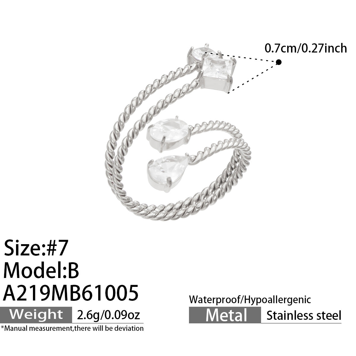 Size guide for the A219 steel-tone stainless steel square-stone twisted open ring, showing size 7 and accent measurements