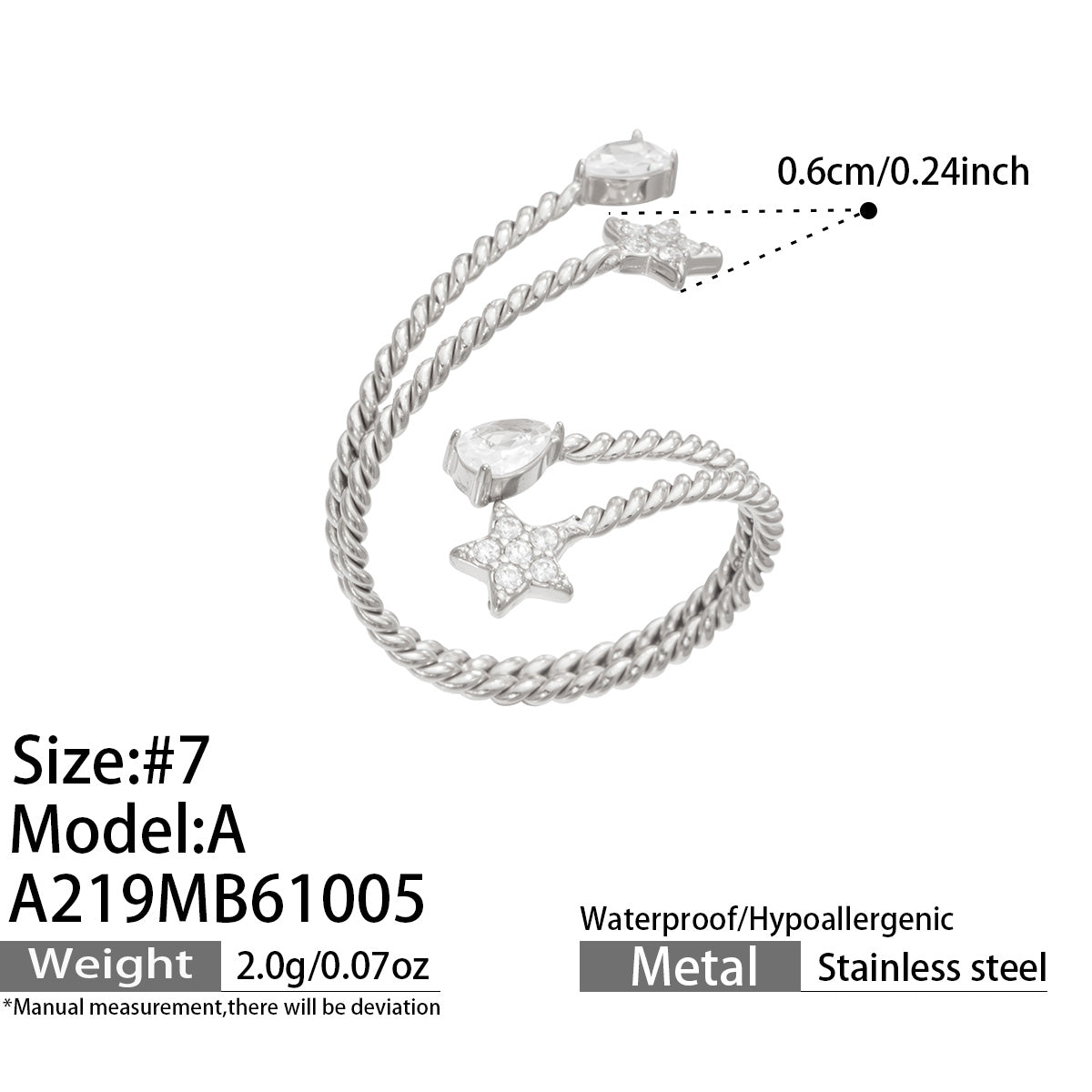 Size guide for the A219 steel-tone stainless steel star-accent twisted open ring, showing size 7 and accent measurements