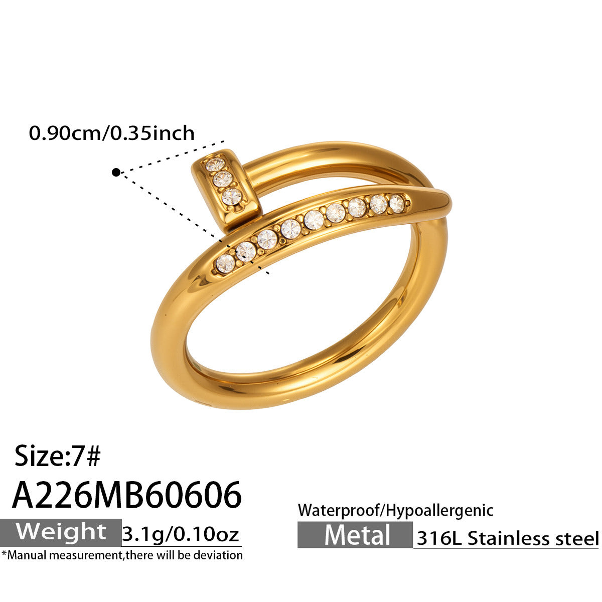 A226 gold zircon open ring size card showing 18K PVD gold finish and adjustable open band