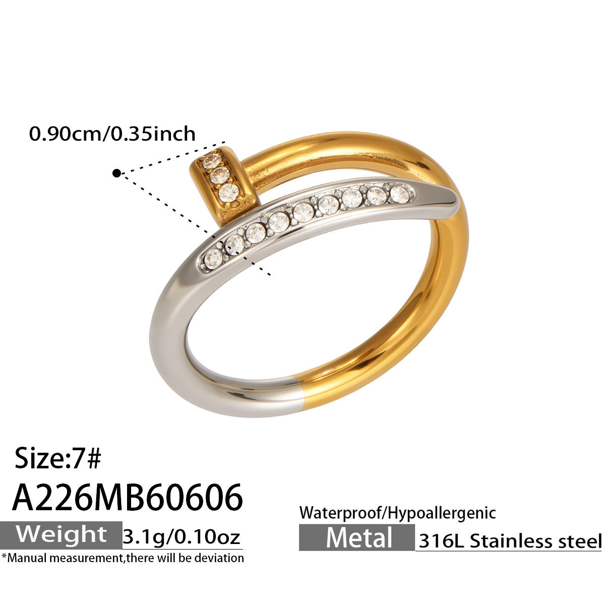 A226 gold zircon open ring size card showing 18K PVD gold finish and adjustable open band