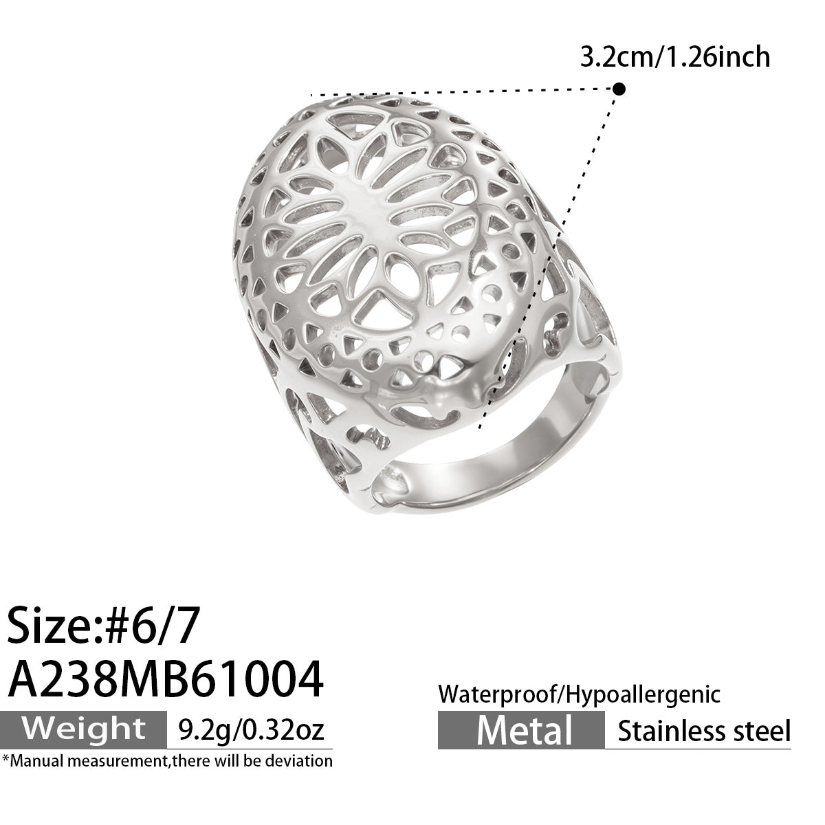 A238 silver-tone stainless steel floral openwork ring with a dimension diagram, ring sizes and product specifications