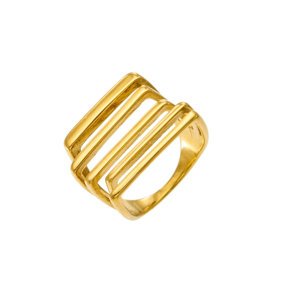 Gold-tone stainless steel multi-row statement ring with a wide openwork face on a white background
