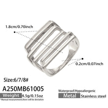 Steel-tone stainless steel multi-row ring specification diagram showing dimensions, weight and size options 6, 7 and 8