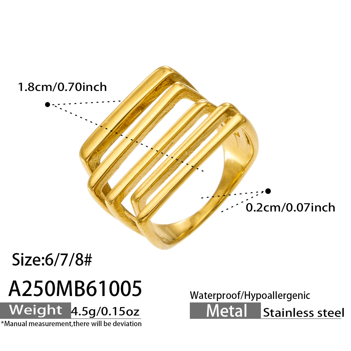 Gold-tone stainless steel multi-row ring specification diagram showing dimensions, weight and size options 6, 7 and 8