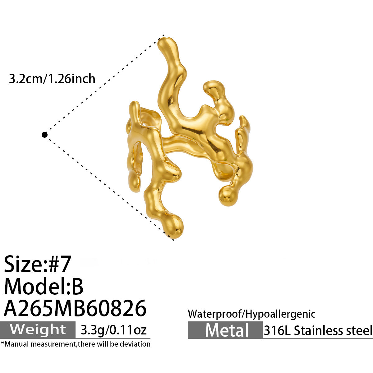 A265 gold 316L stainless steel irregular open ring size and product details